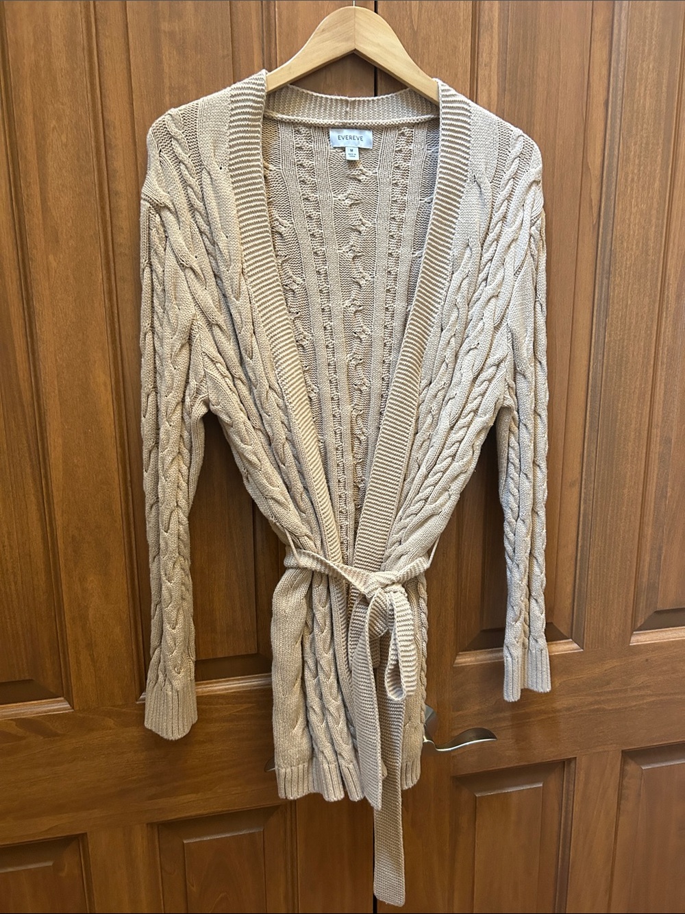 Evereve Beige Cable-Knit Belted Cardigan size medium